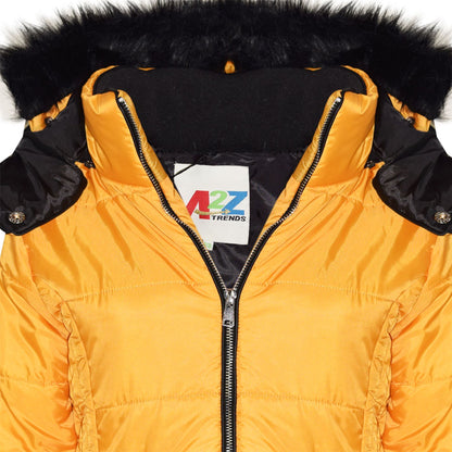Girls Puffer Jacket Quilted Winter Coat Faux Fur Hood Warm Padded Zipped Coat