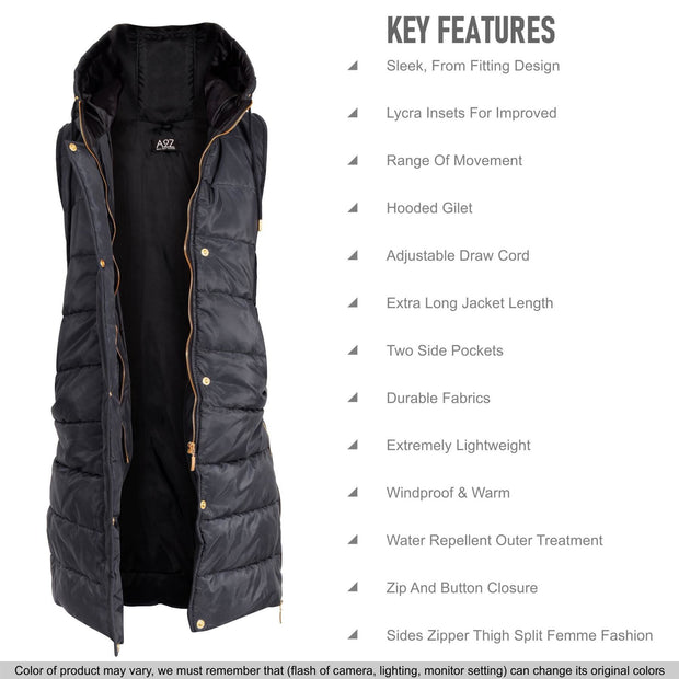 A2Z Kids Girls Fashion Oversized Hooded Quilted Gilet Black Color Padded Long Line Vest Jacket Long Sleeveless Coat Urban Winter Wear Coat 7-13 Years