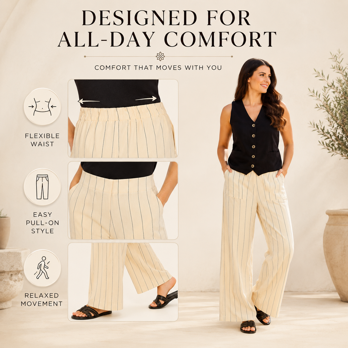 Ladies Linen Blend Elasticated Back Stripe Wide Leg Summer Holiday Trousers