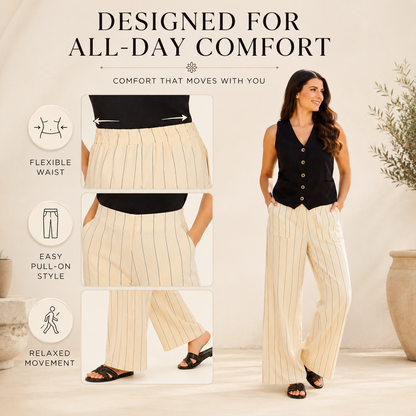 Ladies Linen Blend Elasticated Back Stripe Wide Leg Summer Holiday Trousers