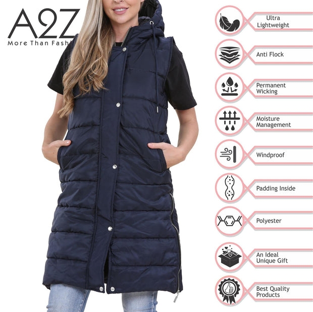 Ladies Sleeveless Gilet Oversized Hooded Quilted Gilet Padded Long Line Coat