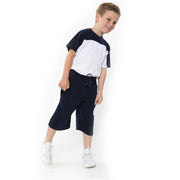 A2Z 4 Kids Two Colour Block Contrast Panel Navy Blue Top & Shorts Set Short Sleeves T Shirt Summer Outfit 2 Piece Activewear Girls Boys Age 5-13 Years