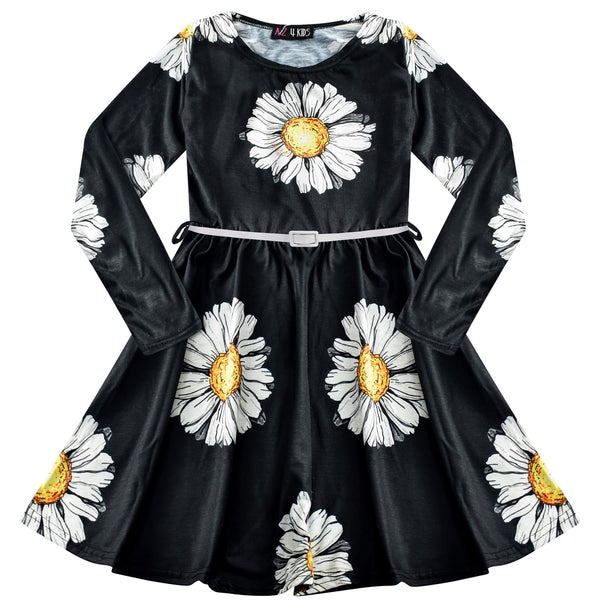 Kids Girls Skater Dress Long Sleeves Daisy Flower Print Dance Party Summer Dress