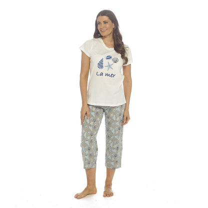 Ladies Cotton Pyjama Set with 3/4 Length Bottoms Short Sleeve T-Shirt Summer Set