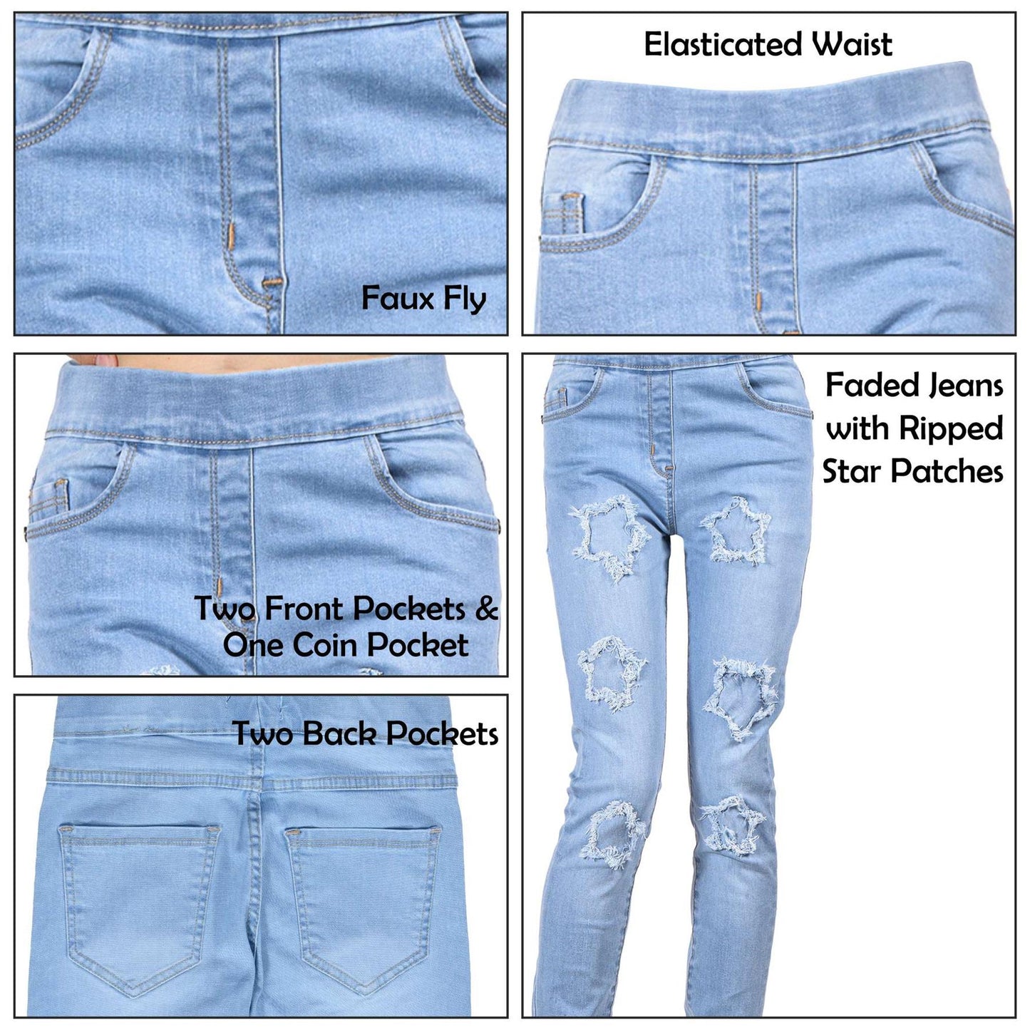 Kids Girls Denim Stars Ripped Jeans Comfort Stretchy Skinny Fashion Pants