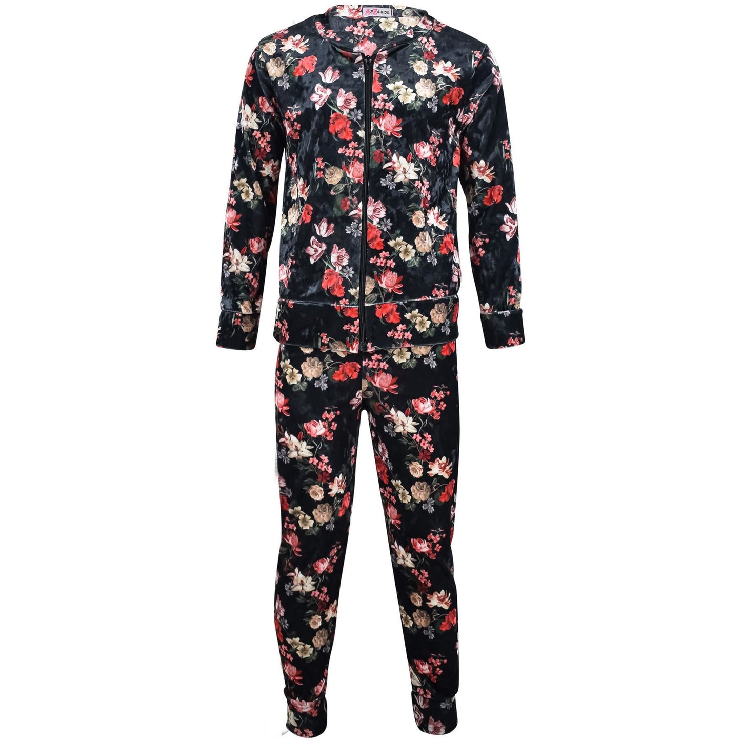 Girls Jogging Suit Floral Print Zip Up Velour Set Top Bottom Outfit Clothing Set