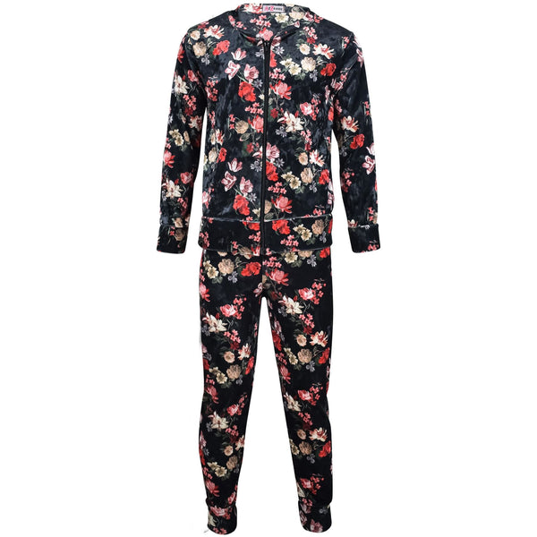 Girls Jogging Suit Floral Print Zip Up Velour Set Top Bottom Outfit Clothing Set