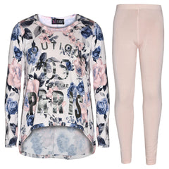 Kids Paris Print Floral Long Sleeve T-Shirt Top Leggings Set Girls Age 7-13 Year