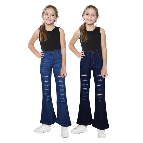 Kids Girls Denim Ripped Jeans Comfort Skinny Stretch Lightweight Casual Pants