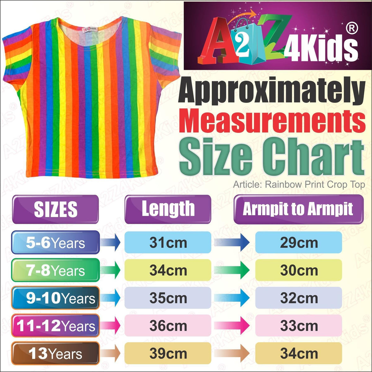 Girls Rainbow Clothing Crop Tops Skirts Dresses Jumpsuits Leggings Party Wear