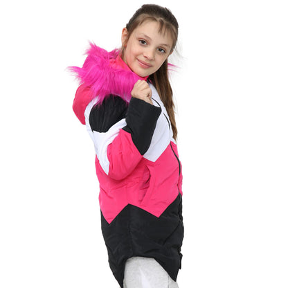 Kids Hooded Contrast Panel Puffer Coat Faux Fur Jacket For Girls 2-13yrs