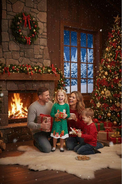 Girls Christmas Swing Dress Santa Sleigh Print Long Sleeve Party Dress Outfit