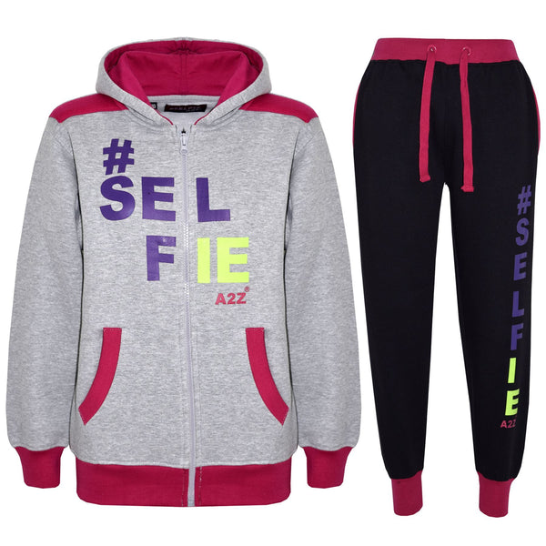 A2Z 4 Kids Girls Boys #SELFIE Tracksuit Hoodie & Joggers Outfit Set Top Bottom