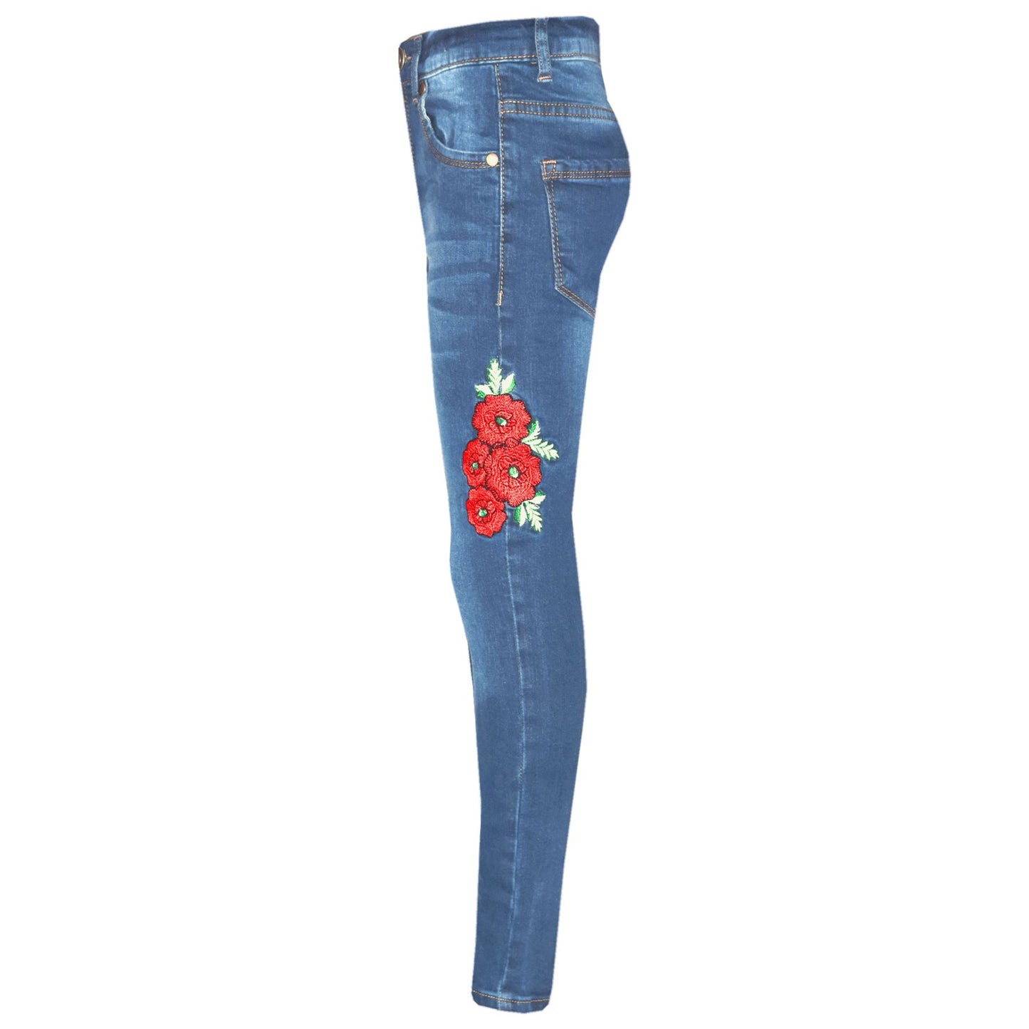 Girls Stretchy Jeans Kids Roses Print Denim Pants Trousers Jeggings 5-13 Years
