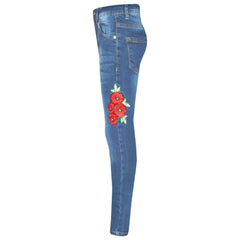 Girls Stretchy Jeans Kids Roses Print Denim Pants Trousers Jeggings 5-13 Years