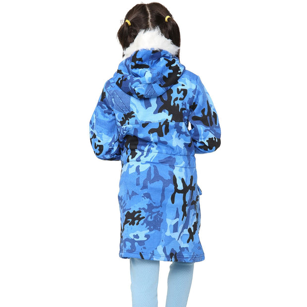 A2Z 4 Kids Camouflage Blue Parka Jacket Faux Fur Hooded Coat Drawstring Waist Fashion Girls Age 5-13 Years