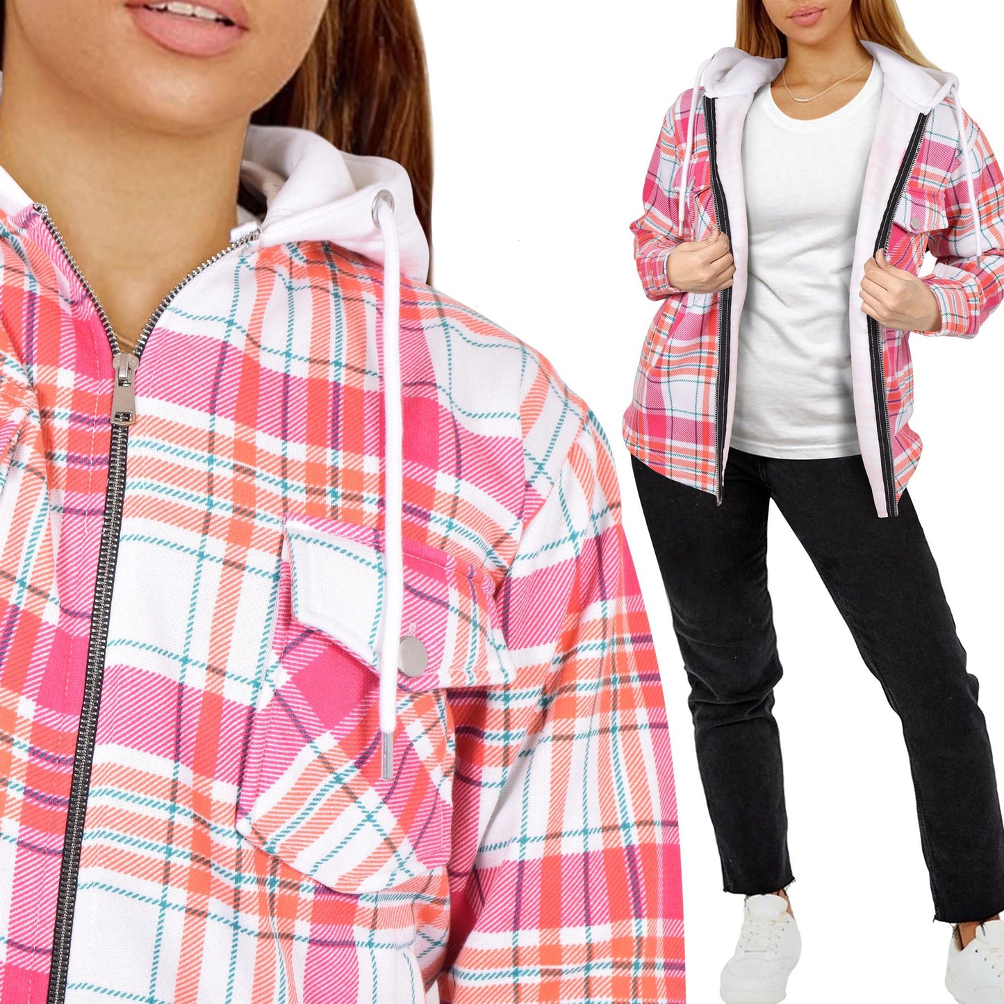 A2Z Ladies Shacket Shirt Jacket Checked Zipped Top Hooded Warm Coat Size S-4XL