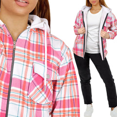 A2Z Ladies Shacket Shirt Jacket Checked Zipped Top Hooded Warm Coat Size S-4XL
