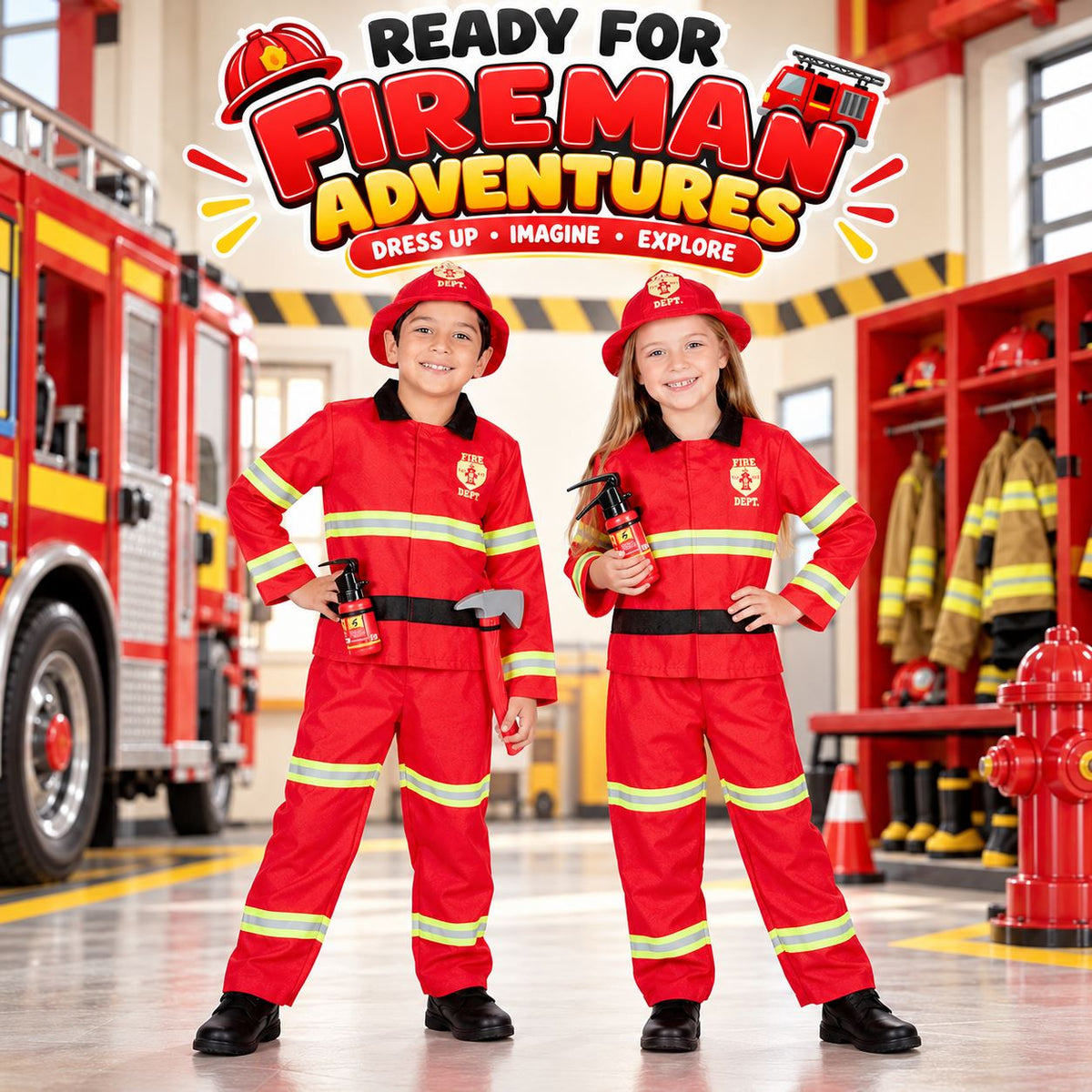 Kids Fireman Costume Firefighter Role Play Halloween Fire Man Uniform Outfit Kit