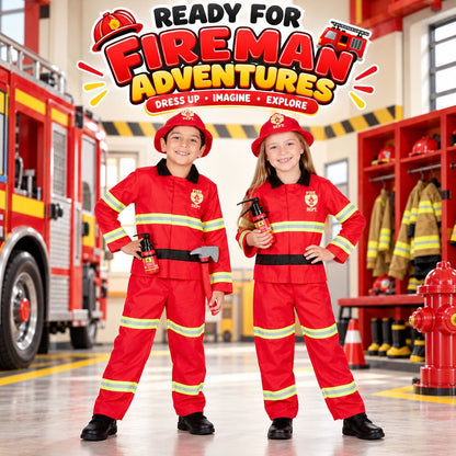 Kids Fireman Costume Firefighter Role Play Halloween Fire Man Uniform Outfit Kit