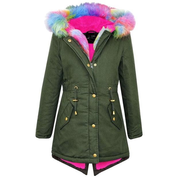 Kids Hooded Jacket Girls Fur Parka School Jackets Outwear Coat 5-13 Years