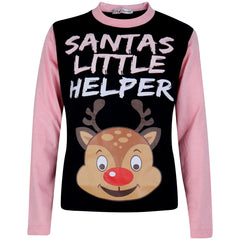 Kids Girls Boys Pyjamas Santas Little Helper Reindeer Contrast Sleeves Xmas PJS
