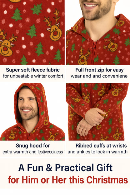 A2Z Men Womens Xmas Micro Fleece Hooded Soft Warm All in One Festive Pyjamas