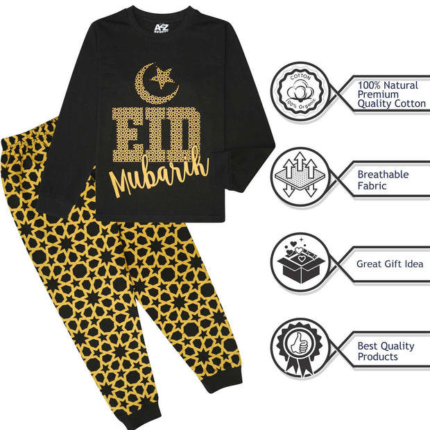 A2Z 4 Kids Girls Boys Childrens Black Eid PJS Pyjamas Sleepover 2 Piece Cotton Gift Set Loungewear Sleepover Age 5-13 Years