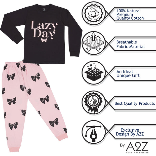 A2Z 4 Kids Girls Pyjamas Children PJs 2 Piece Set Lazy Day Print Black Lounge Suit for Children Top Bottom Pyjamas Loungewear Gifts Age 2-3, 3-4, 5-6, 7-8, 9-10, 11-12 & 13 Years - A2Z 4 Kids