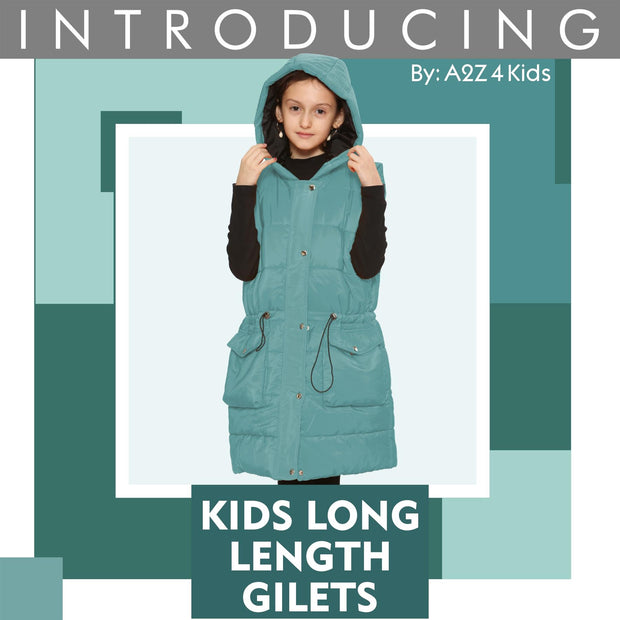 A2Z Kids Girls Down Vest Fashion Oversized Mint Hooded Quilted Gilet Padded Long Line Vest Jacket Long Sleeveless Coat Urban Winter Wear New Age 7-13