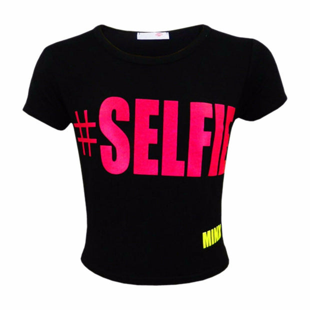 KIDS GIRLS NEW SEASON " # SELFIE " PRINTED CROP TOP T SHIRT 7 8 9 10 11 12 13 Yr