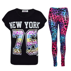 Kids Girls New York 76 Printed Trendy Top & Fashion Legging Set Age 7-13 Years