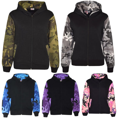 Boys Girls Jackets Kids Fleece Camouflage Hooded Hoodie Zipped Top Jacket 7-13 Y