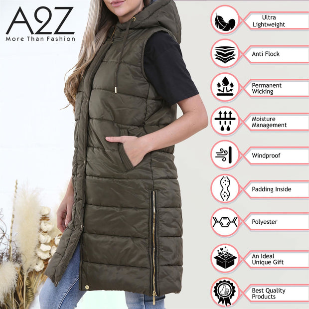 A2Z Ladies Adults Sleeveless Gilet Oversized Hooded Olive Quilted Gilet Padded Long Line Vest Jacket Sleeveless Coat Urban Winter Wear