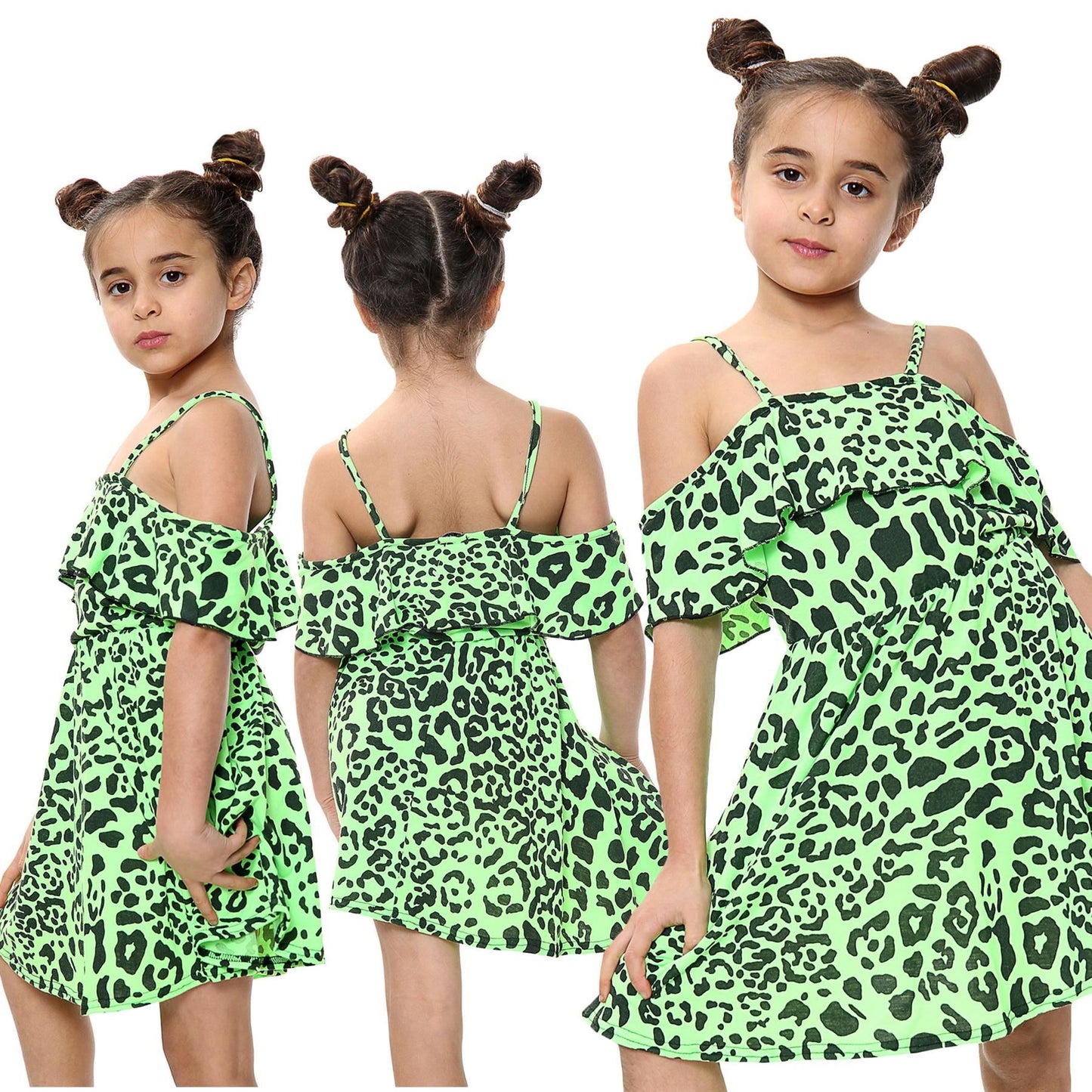 Kids Girls Skater Dress Leopard Print Summer Party Off Shoulder Dress 5-13 Years