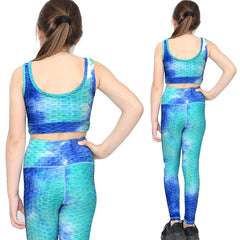 Girls Honeycomb Blue Leggings Crop Top Vest Dance Yoga Exercise High Waist Set