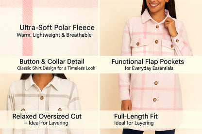 Ladies Fleece Check Shacket Oversized Shirt Jacket with Pockets Warm Winter Coat