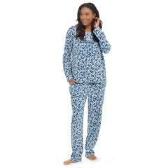 Ladies Pyjamas Set Blue Polar Fleece Lounge Suit Sleepwear Button Placket PJS