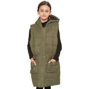 A2Z Kids Girls Down Vest Fashion Oversized Khaki Hooded Quilted Gilet Padded Long Line Vest Jacket Long Sleeveless Coat Urban Winter Wear Age 7-13 Years