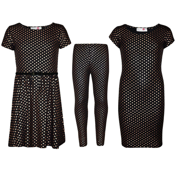 Kids Girls Star Print Midi Dress, Skater Dress & Fashion Legging Age 7-13 Years