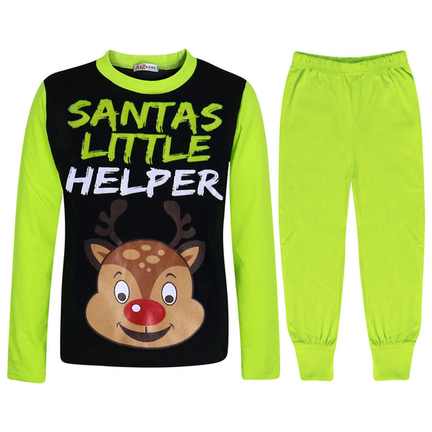 A2Z 4 Kids Girls Boys Pyjamas Santas Little Helper Reindeer Print Stylish Lime Contrast Sleeves Pajamas Xmas Set New Age 2 3 4 5 6 7 8 9 10 11 12 13 Years