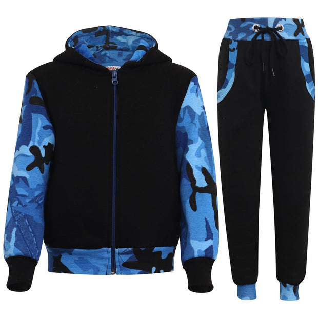 A2Z 4 Kids Girls Boys Tracksuit Plain & Camouflage Blue Print Contrast Fleece Hoodie With Bottom Jogging Suit Joggers Sweatpants Activewear Set For Childrens Age 2 3 4 5 6 7 8 9 10 11 12 13 Years