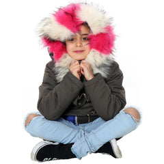 Kids Faux Fur Lined Parka Coat Rainbow Fur Hooded Jacket Girls Boys Age 2-13 Yrs