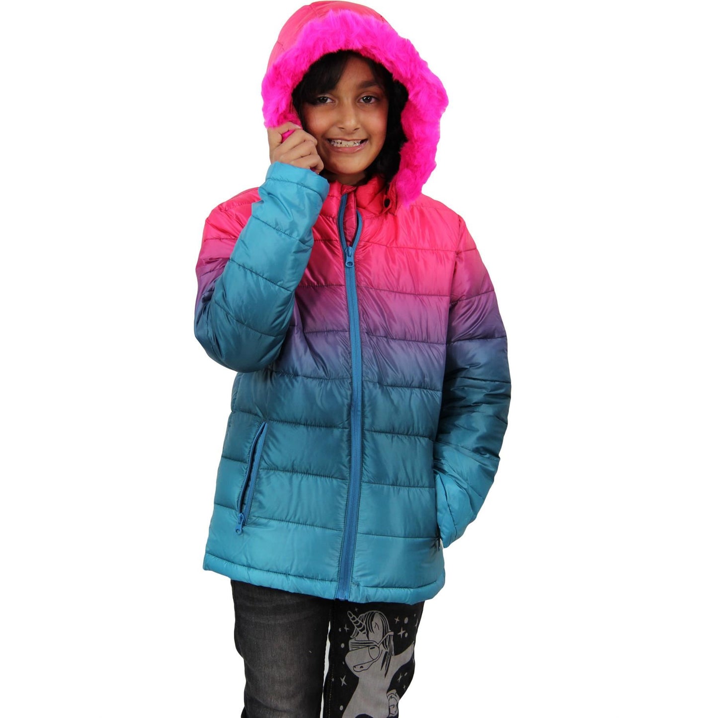 Kids Girls Puffer Jacket Faux Fur Hooded 3D Fade Gradient Padded Thick Warm Coat