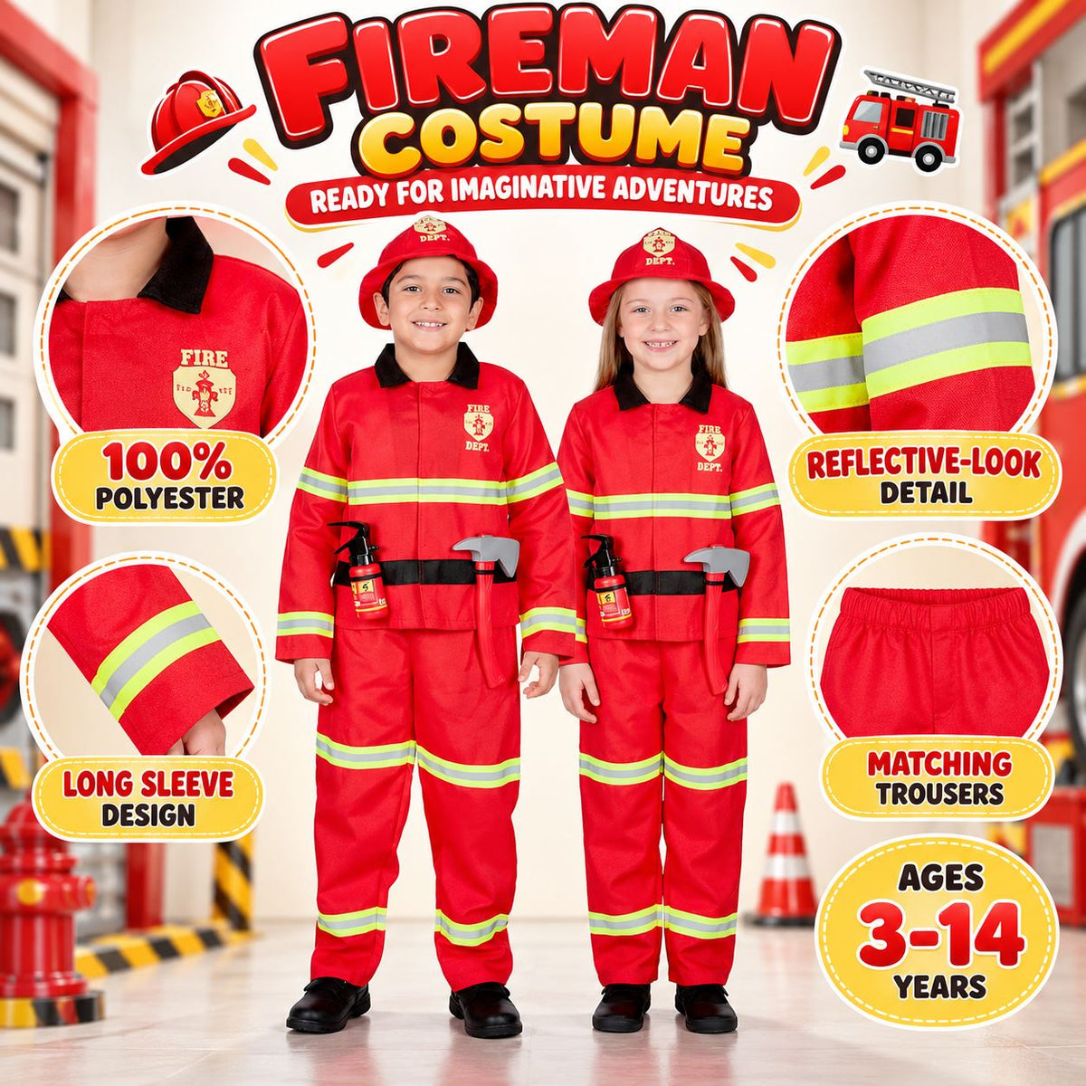 Kids Fireman Costume Firefighter Role Play Halloween Fire Man Uniform Outfit Kit