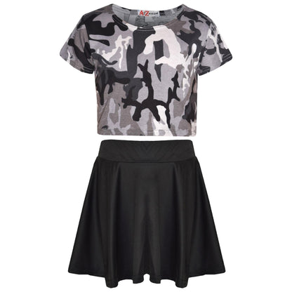 A2Z 4 Kids Camouflage Crop Top & Skater Skirt Set Short Sleeves T Shirt Summer Outfit 2 Piece Activewear For Girls Age 5-13 years