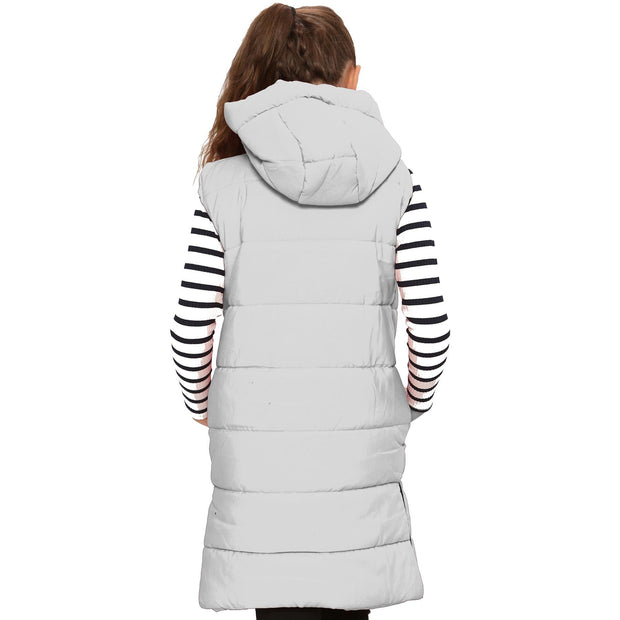 A2Z Kids Girls Down Vest Oversized White Hooded Quilted Gilet Padded Long Line Vest Jacket Long Sleeveless Coat Urban Winter Wear 7 8 9 10 11 12 13 Years