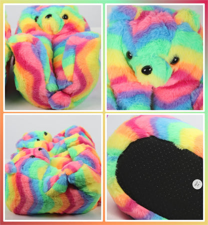 Kids Girls Womens 3D Rainbow Bear Slippers Cute Animal Face Soft Plush Warm Shoe