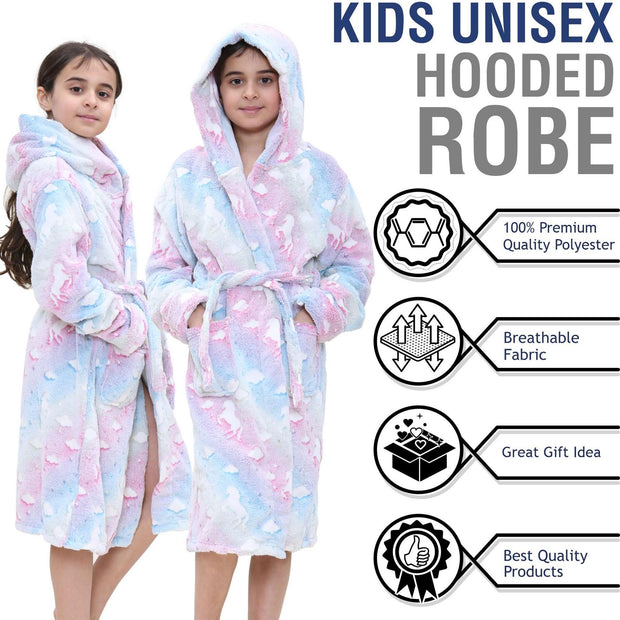 Kids Girls Fleece Glow In The Dark Sherpa Hooded Unicorn Dressing Gown Soft Robe