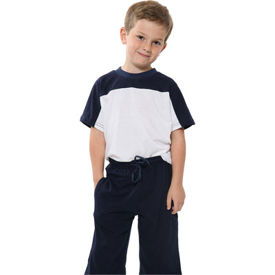 A2Z 4 Kids Two Colour Block Contrast Panel Navy Blue Top & Shorts Set Short Sleeves T Shirt Summer Outfit 2 Piece Activewear Girls Boys Age 5-13 Years